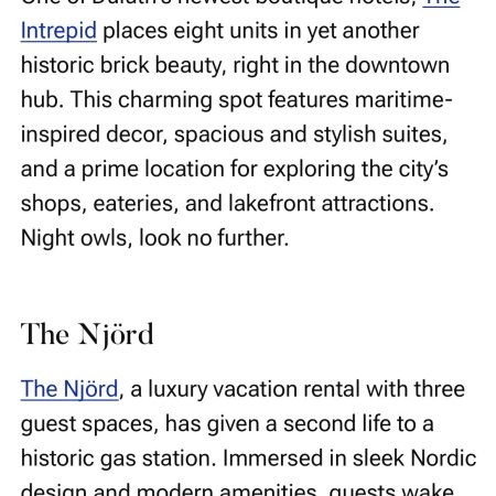 Va Bene Instagram Photo: 🚨 Big news! ‼️ Proud and honored to have The Njörd and The Intrepid, both Titanium Partner properties, featured among the best places to stay in Duluth by Travel + Leisure, the world’s most influentia