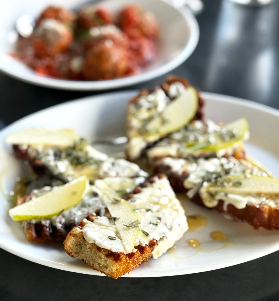 Honey Goat Cheese with Pear Crostini